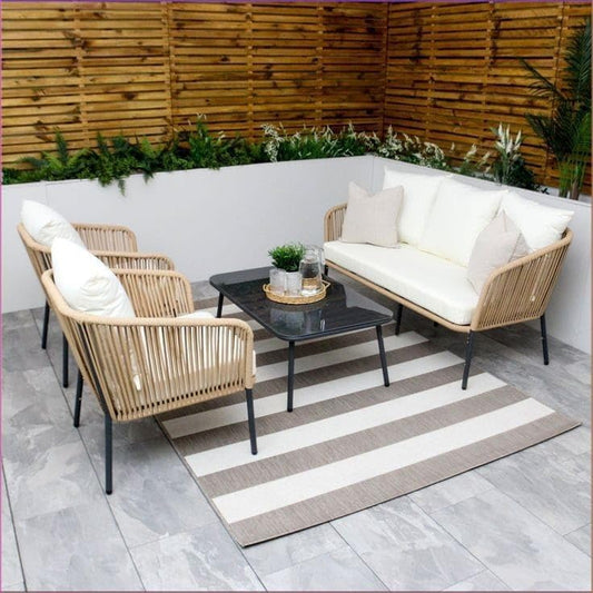 Modern Outdoor Patio Furniture Set, 4-Piece Rope Weave Sofa Set with White Cushions, Black Coffee Table, Beige