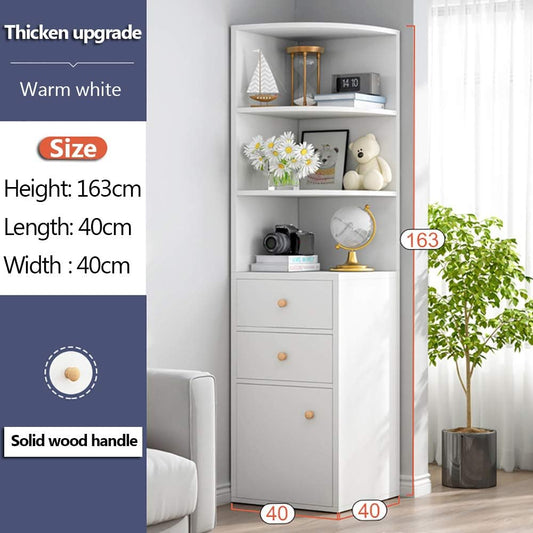 NAR Corner Storage Cabinet, Free Standing Pantry Cabinet with 2 Drawer and 3 Shelves, Home Office Furniture Bookcase, Side Cabinet, Cupboard, Wood Cube Organizer (G153-White L)