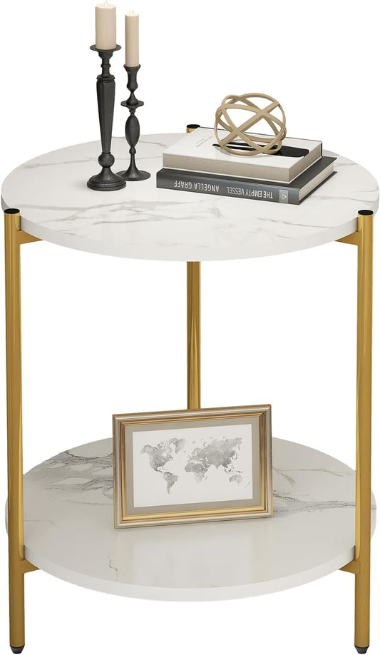 Homes Element Multi-Purpose Modern Versatile Marble Texture 2 Tier Round Shape Coffee Table Nesting Table End Table Bedside Table Nightstand for Living Room Bedroom Reception Office-40x40x43cm(White)