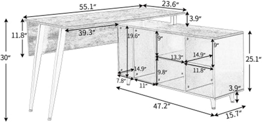 YT L Shaped Home Office Desk, Metal and Wood Rustic Corner Desk, Industrial Writing Workstation Table for Home Office Study, Computer Desk with Storage Shelves, Easy Assembly