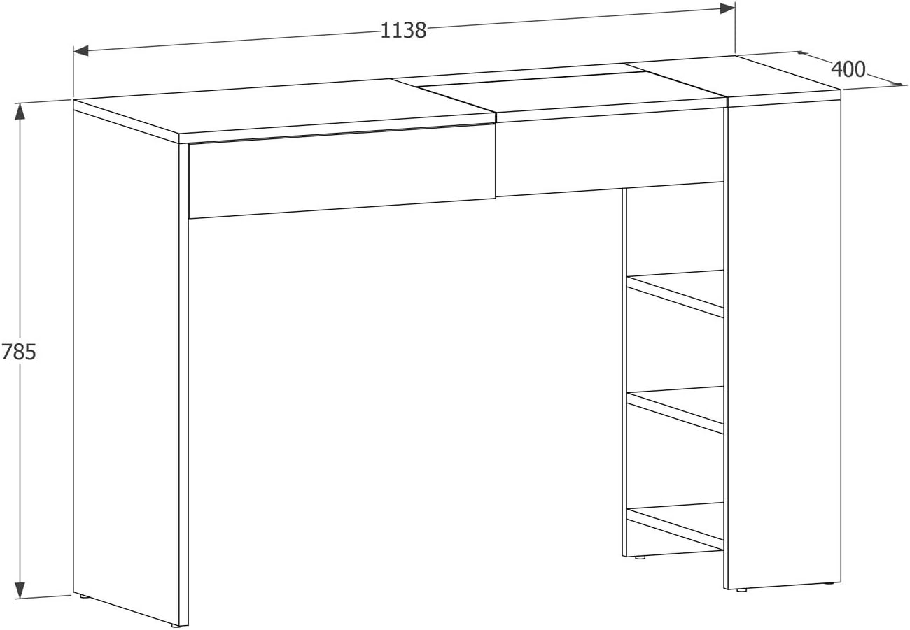 MATKAM Opera Maxi Schminktisch H 78 x B 114 x T 40 cm, mit ausklappbarem Spiegel H 21 x B 34 cm mit Ablage, 3 seitliche AblagefÃ¤cher, 1 Schublade, aus laminierter Holzspanplatte (WeiÃŸ)