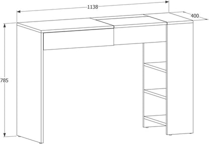 MATKAM Opera Maxi Schminktisch H 78 x B 114 x T 40 cm, mit ausklappbarem Spiegel H 21 x B 34 cm mit Ablage, 3 seitliche AblagefÃ¤cher, 1 Schublade, aus laminierter Holzspanplatte (WeiÃŸ)
