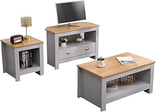 Homeke Lancaster Living Room 3 piece Set Lamp Table Side Table Coffee table with Shelf 2 Drawers Corner TV Stand (Grey+Oak)