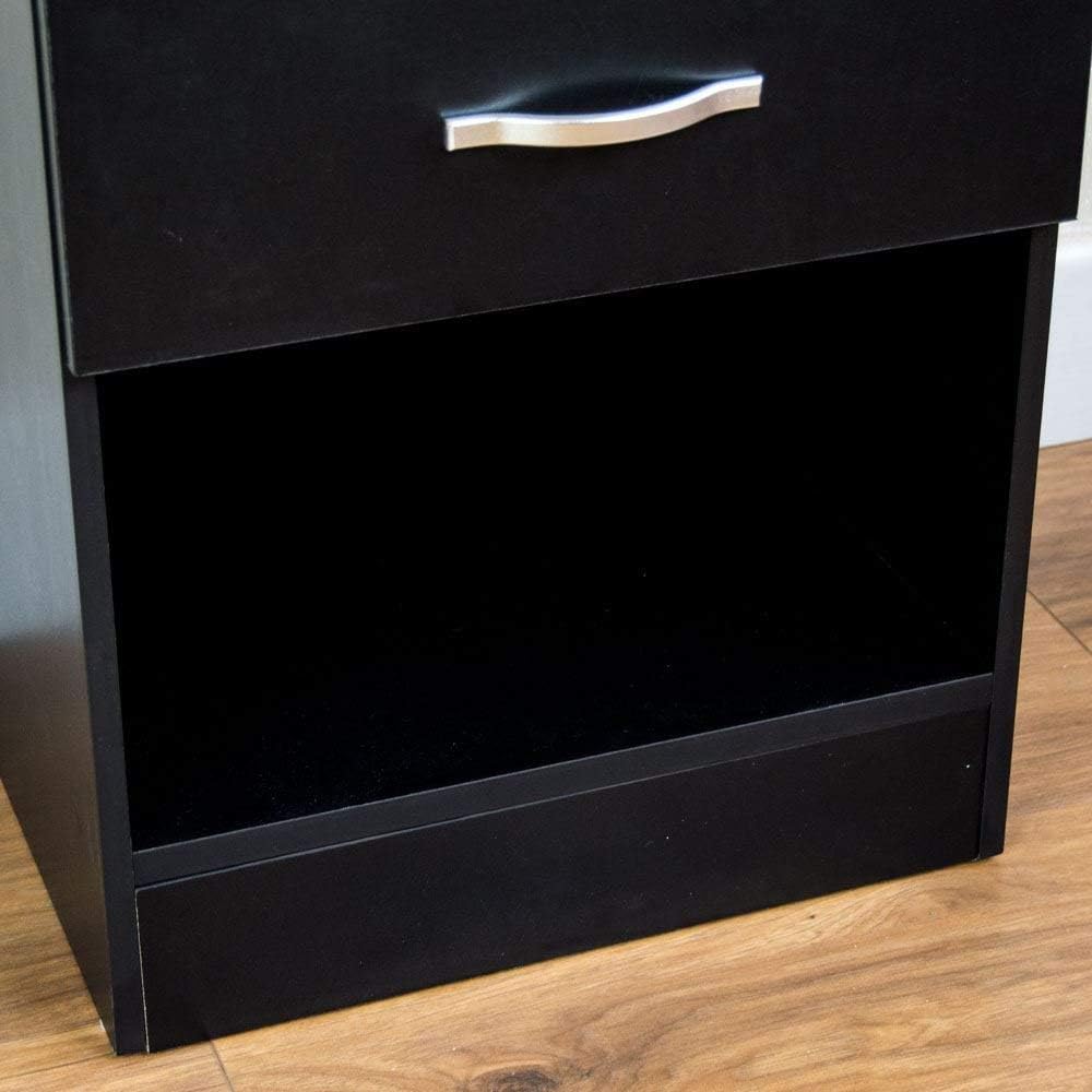 Vida Designs Black Bedside Cabinet, 1 Drawer With Metal Handles and Runners, Unique Anti-Bowing Drawer Support, Riano Bedroom Furniture