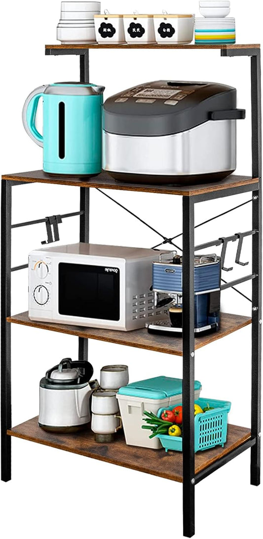 Sasoiky Bakers Rack for Kitchen,4-Tier Kitchen Storage Shelf Rack,Microwave Cart Coffee Bar Microwave Stand Rack with 4 Hooks,Bakers Racks for Kitchens with Storage(Rustic Brown)