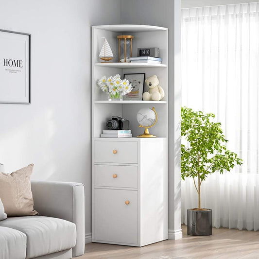 NAR Corner Storage Cabinet, Free Standing Pantry Cabinet with 2 Drawer and 3 Shelves, Home Office Furniture Bookcase, Side Cabinet, Cupboard, Wood Cube Organizer (G153-White L)