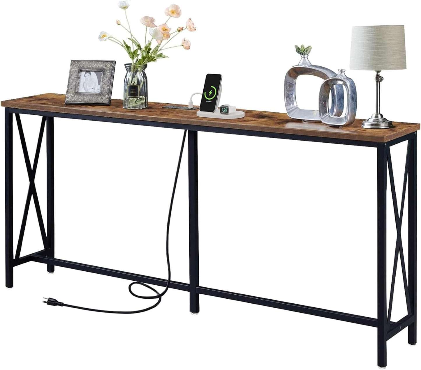 SUPERJARE 70.9 Inch Console Table with 2 Outlet and 2 USB Ports, Extra Long Entryway Table with Metal Frame and X-Shaped Design, Narrow Sofa Table for Living Room and Hallway - Rustic Brown
