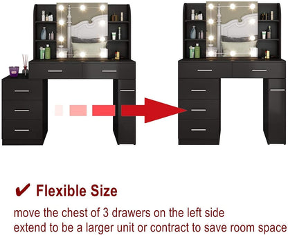 Dressing Table Set Makeup Table Set with LED Lights, Mirror, 5 Drawers Vanity Makeup Table Set with Cushioned Stool Vanity Table for Girls Bedroom (Black)