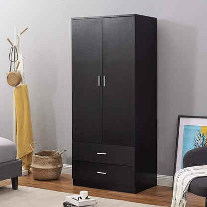 Panana 2 Door 2 Drawer Wardrobe with Hanging Rail Wooden Clothes Storage Cupboards Unit for Bedroom Furniture 76.8 * 50 * 180cm (Black)