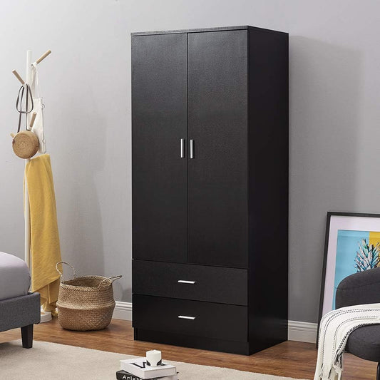 Panana 2 Door 2 Drawer Wardrobe with Hanging Rail Wooden Clothes Storage Cupboards Unit for Bedroom Furniture 76.8 * 50 * 180cm (Black)