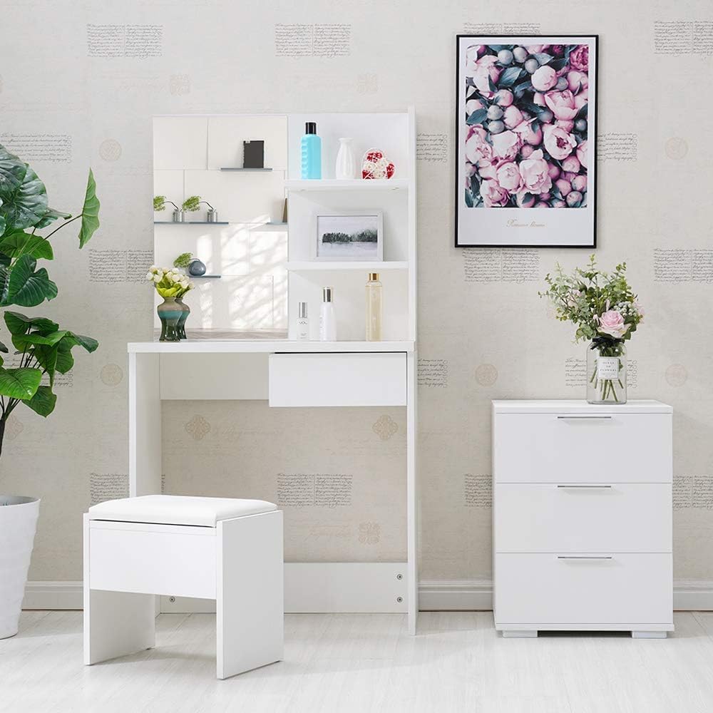 OFCASA Dressing Table with Mirror and Stool, Drawer, 2 Shelves (White, 75 x 40 x 137cm, Small)