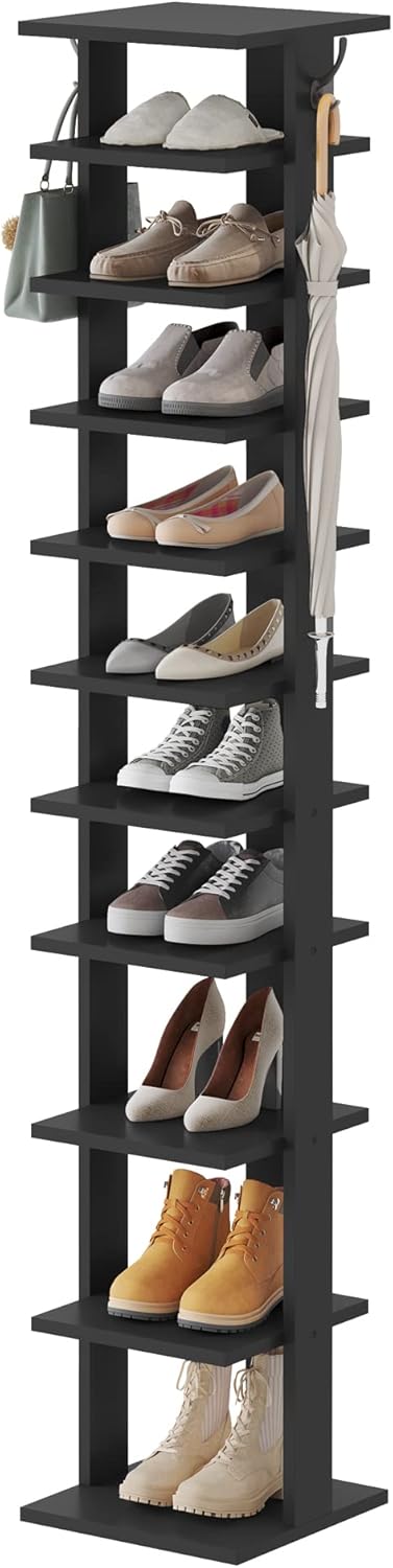HOME BI Narrow Shoe Rack, 10-Tier Wood Shoe Shelf, Vertical Shoe Storage Cabinet, Entryway Shoe Tower, Shoes Organizer Perfect for Narrow Closet, Hallway, Bedroom, Rustic Brown