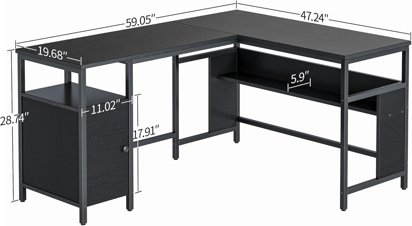 FurniFlex L-Shaped Computer Desk with File Cabinets, 59.1-Inch Size, Black