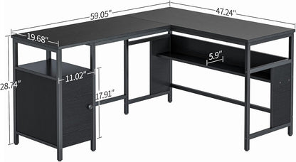 FurniFlex L-Shaped Computer Desk with File Cabinets, 59.1-Inch Size, Black