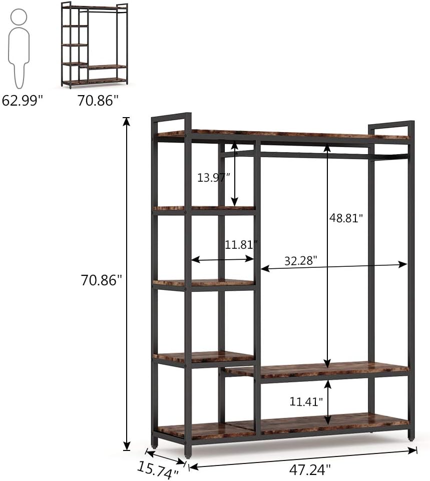 LITTLE TREE Free Standing Wood Closet Clothes Rack, Heavy Duty Garment Rack With Shelves, Hanging Racks for Clothing, Bedroom Wardrobe Closet Organizer, 350 lb Capacity, Rustic