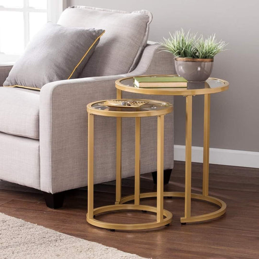 Generic Round Contemporary Gold Glass Top Stainless Steel Pedestal End Table