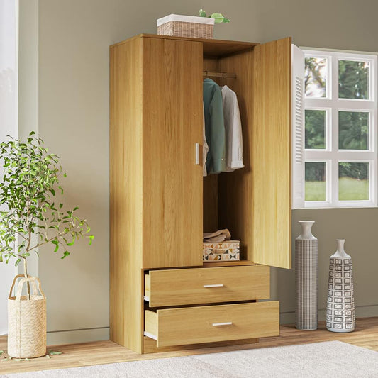 Panana 2 Door 2 Drawer Wardrobe with Hanging Rail Wooden Clothes Storage Cupboards Unit for Bedroom Furniture 76.8 * 50 * 180cm (Oak Effect), Beige