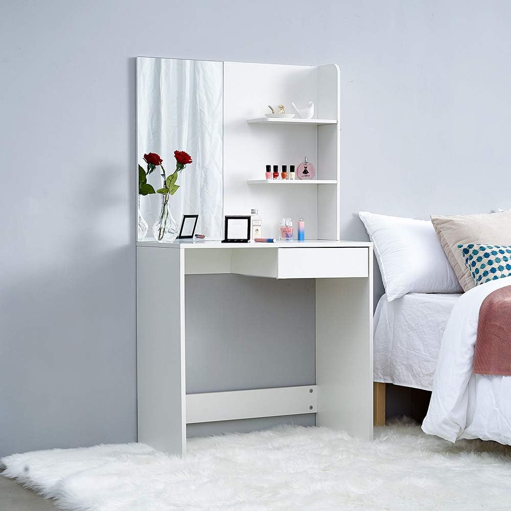 Panana Dressing Table White with a Large Mirror, Makeup Vanity Bedroom Dresser Set with 1 Drawers & 3 Shelves for Ample Storage (Style1)