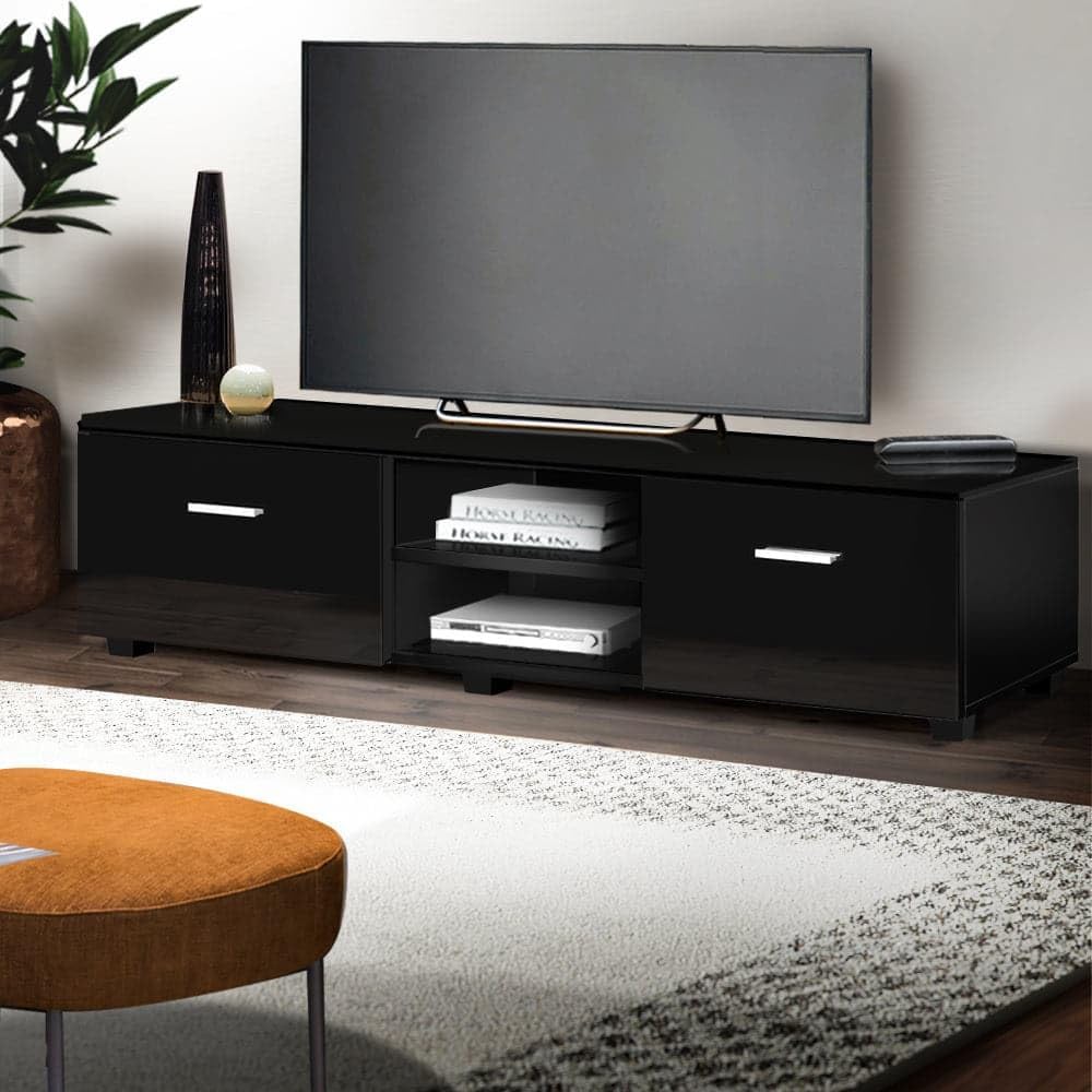Artiss TV Unit Cabinet Entertainment Units, 140cm Length Stand Table Cabinets Storage Shelf Organiser Cupboard Home Living Room Bedroom Furniture, with 2 Drawer and Cable Management Holes Black