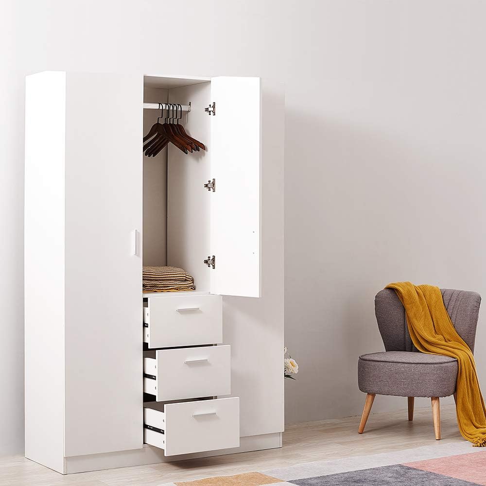 Panana Modern 3 Doors, 3 Drawers Wardrobes with Hanging Rail, Large Triple Clothes Storage Closet - White