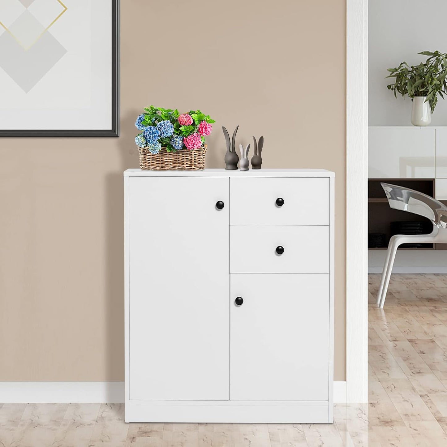 TANGZON Storage Cabinet, Wooden Buffet Sideboard with Doors, Shelves/Drawers, Freestanding Cupboard Unit for Kitchen Living Room Dining Room Hallway (2 Doors, 2 Drawers, White)