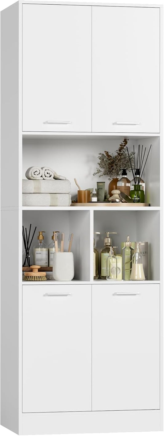 FirFurd 180.5cm Tall Bookcase White Bookshelf with 4 Doors Living Room Bookcases Free Standing Storage Cupboard for Home Office 180.5x60x40cm