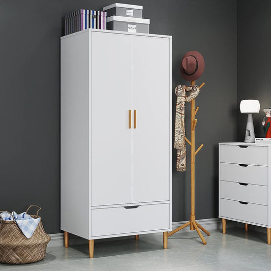 Panana Modern 2 Door Wardrobe Clothes Closet with Wood Leg Wooden Clothes Cabinet Furniture Unit with Hanging Rail Storage Drawer Bedroom White