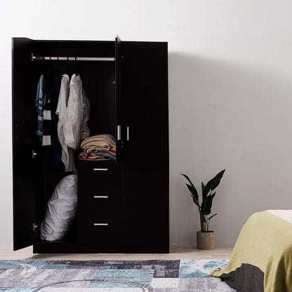 Modern 3 Doors Wardrobes with 3 Drawers and Hanging Rail Large Triple Clothes Storage Closet for Home Bedroom Units (Black)