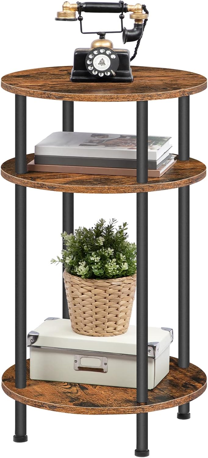 HOOBRO Tall Sofa Side Table, Small Round Coffee Table with Storage, Industrial Telephone Table for Small Space, Bedside Table, for Living Room, Bedroom, Summerhouse, Rustic Brown and Black EBF30DH01