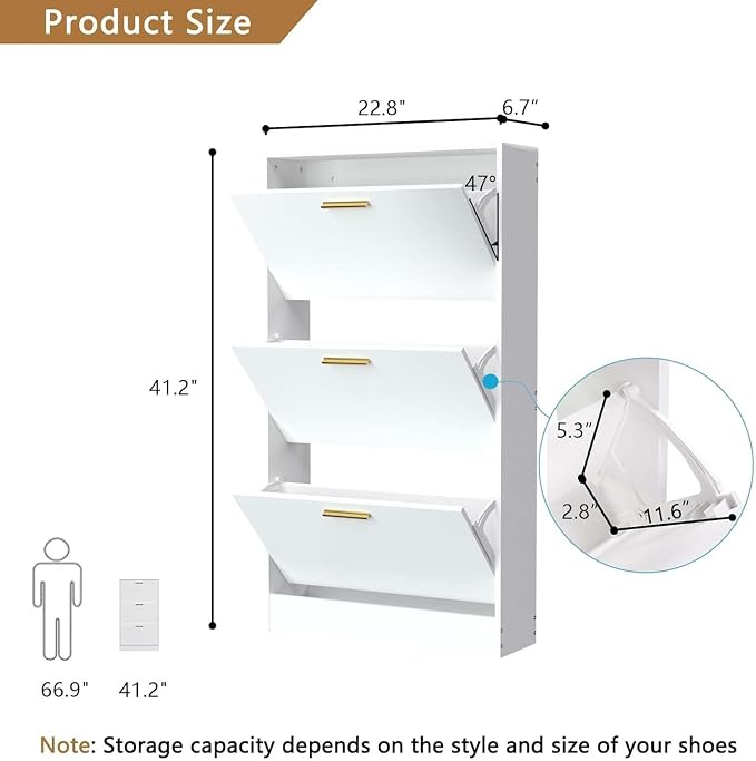 Narrow Shoe Storage Cabinet with 3 Flip Drawers