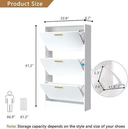 Narrow Shoe Storage Cabinet with 3 Flip Drawers