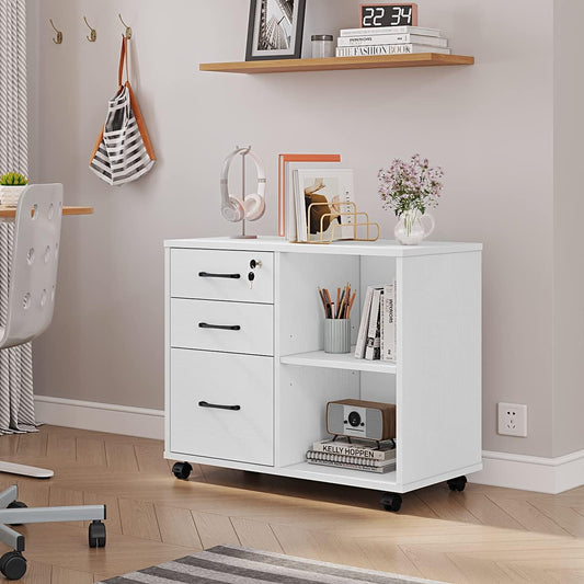 Panana 3 Drawer Office File Cabinets, Mobile Lateral Printer Stand with Open Storage Shelf, Rolling Filing Cabinet with Wheels Home Office Organization and Storage (White)