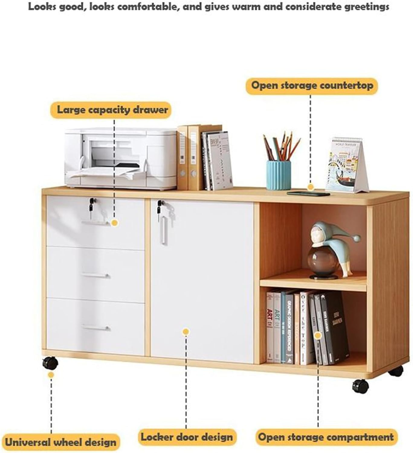 EOGILY 3 Drawer Mobile File Cabinet with Lock, Large Lateral Filing Cabinet, Drawer Storage Cabinet with Wheels，Printer Stand with Open Storage Shelf Adjustable Shelves for Home, Room, Small Spaces