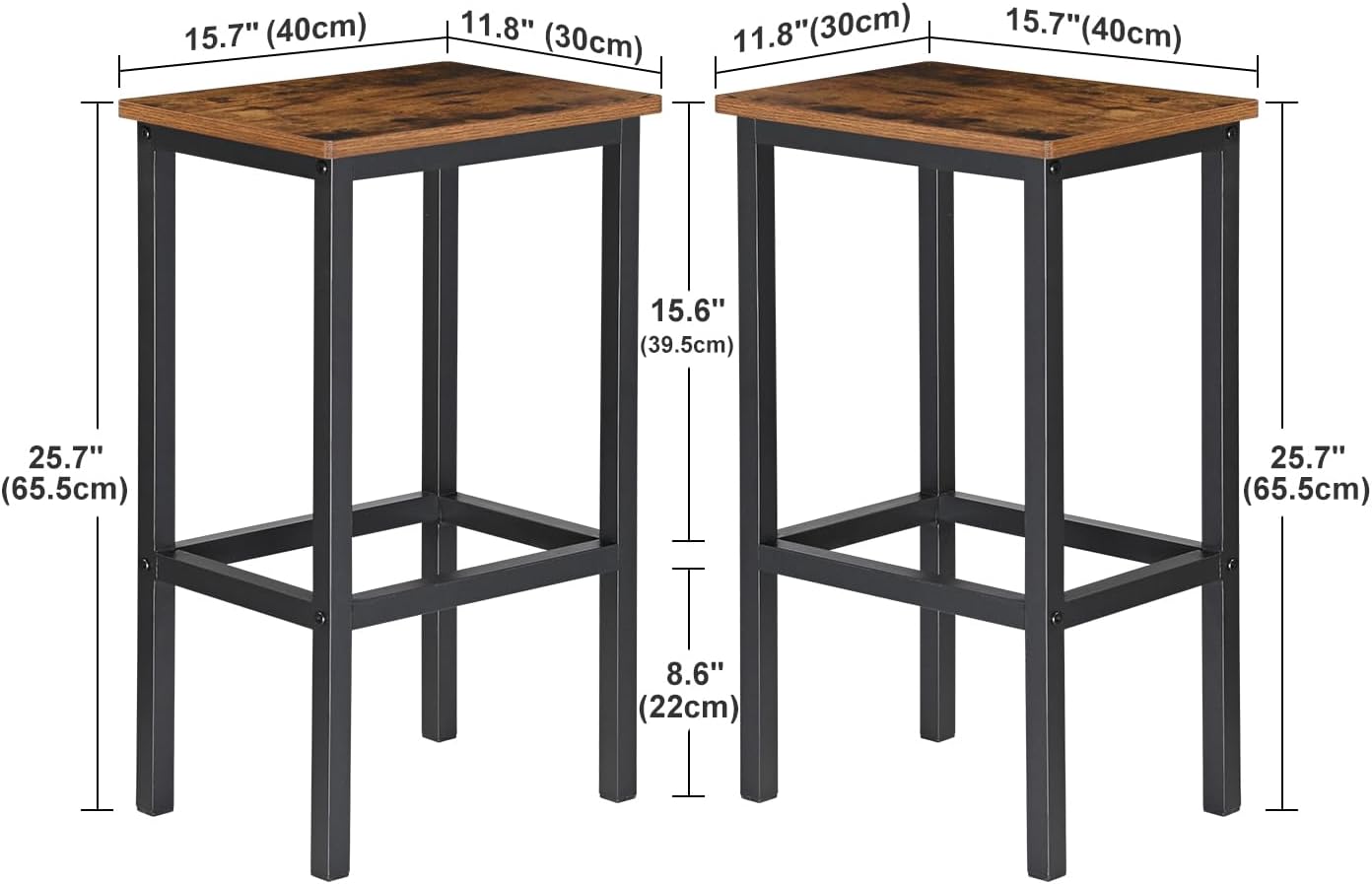 H JINHUI Bar Stools Set of 2, Industrial Style Breakfast Stool Chairs, Counter Height High Stools, Kitchen Bar Stools, 65cm High Seat, for Farmhouse, Living Room, Cafe Pub, Rustic Brown and Black
