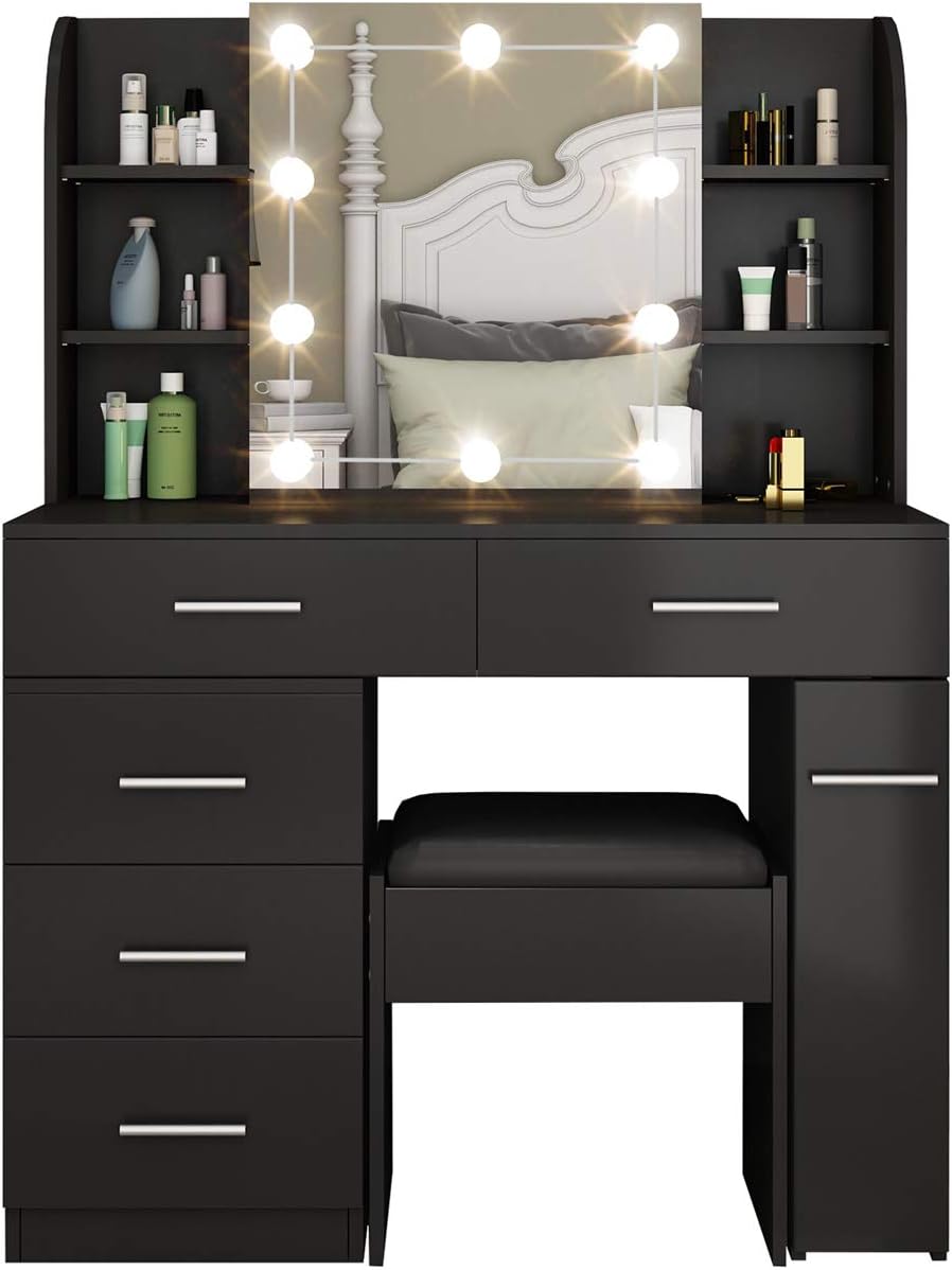 Dressing Table Set Makeup Table Set with LED Lights, Mirror, 5 Drawers Vanity Makeup Table Set with Cushioned Stool Vanity Table for Girls Bedroom (Black)