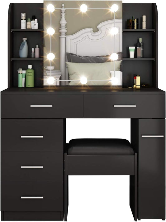 Dressing Table Set Makeup Table Set with LED Lights, Mirror, 5 Drawers Vanity Makeup Table Set with Cushioned Stool Vanity Table for Girls Bedroom (Black)