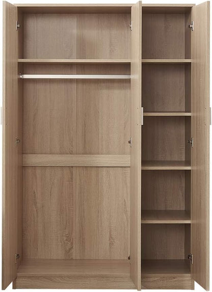 Modern Matt Oak 3 door triple wardrobe with shelves & rail.Slow-close hinges