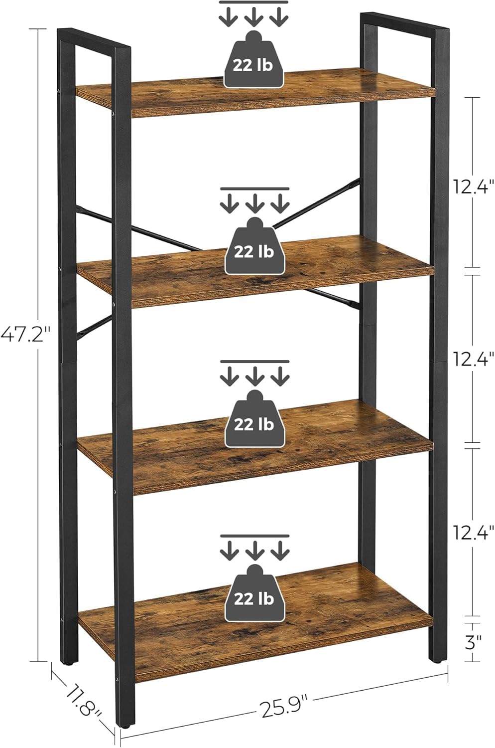 SKY-TOUCH Ladder Shelf, Bookshelf Rack 4 Tier Storage Organizer Shelf, Shelf Unit, Plant Stand, Living Room Bookcases, Industrial Bookshelf, for Bedroom, Kitchen, Office, Brown, 47x26x12 inch