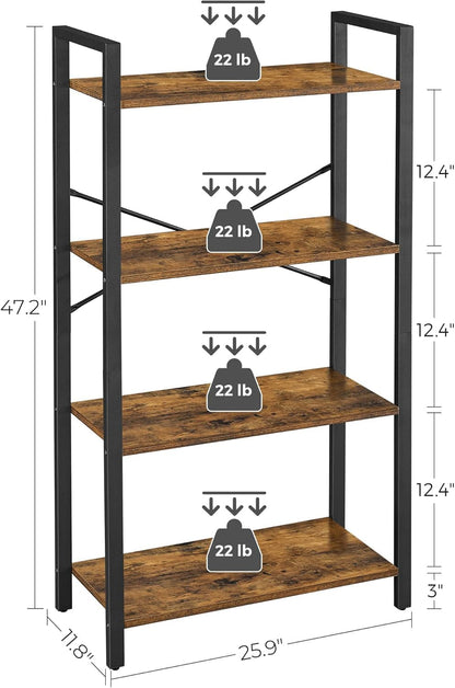 SKY-TOUCH Ladder Shelf, Bookshelf Rack 4 Tier Storage Organizer Shelf, Shelf Unit, Plant Stand, Living Room Bookcases, Industrial Bookshelf, for Bedroom, Kitchen, Office, Brown, 47x26x12 inch