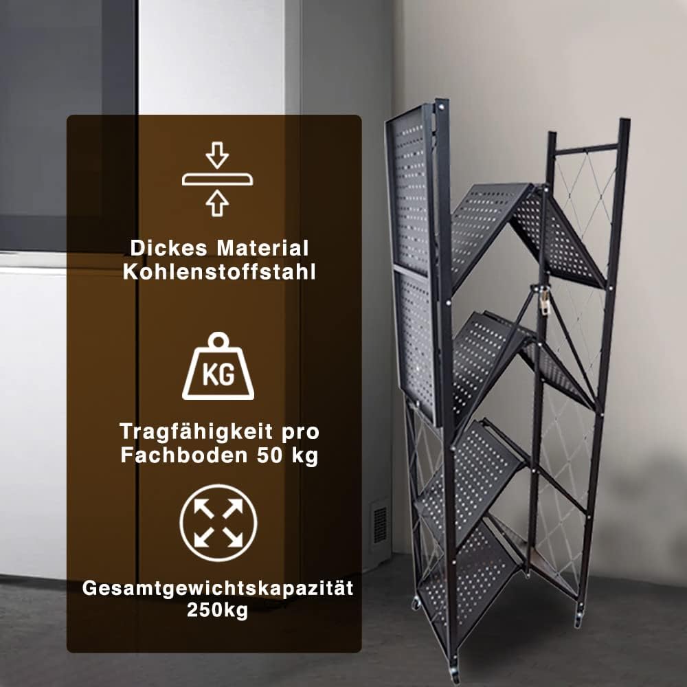 STREND PRO Folding Shelf with Wheels, 5 Tier Foldable Storage Trolley Unit, 250 kg Load Capacity, Metal, Black, Folding Shelf for Kitchen, Office