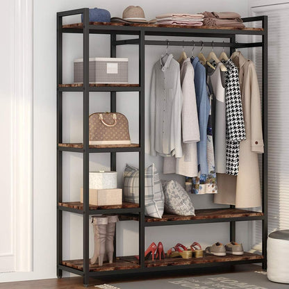 LITTLE TREE Free Standing Wood Closet Clothes Rack, Heavy Duty Garment Rack With Shelves, Hanging Racks for Clothing, Bedroom Wardrobe Closet Organizer, 350 lb Capacity, Rustic