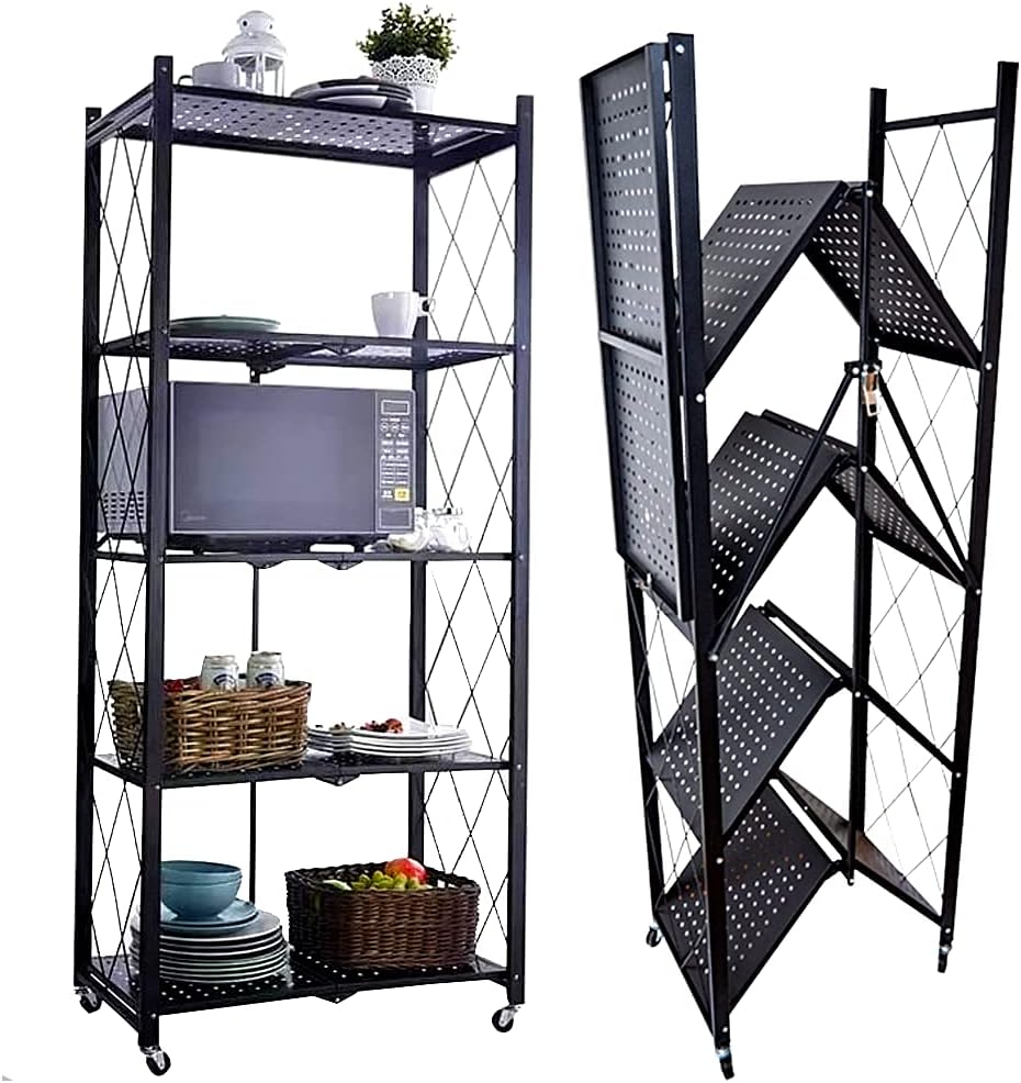 STREND PRO Folding Shelf with Wheels, 5 Tier Foldable Storage Trolley Unit, 250 kg Load Capacity, Metal, Black, Folding Shelf for Kitchen, Office