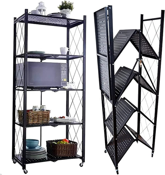 STREND PRO Folding Shelf with Wheels, 5 Tier Foldable Storage Trolley Unit, 250 kg Load Capacity, Metal, Black, Folding Shelf for Kitchen, Office