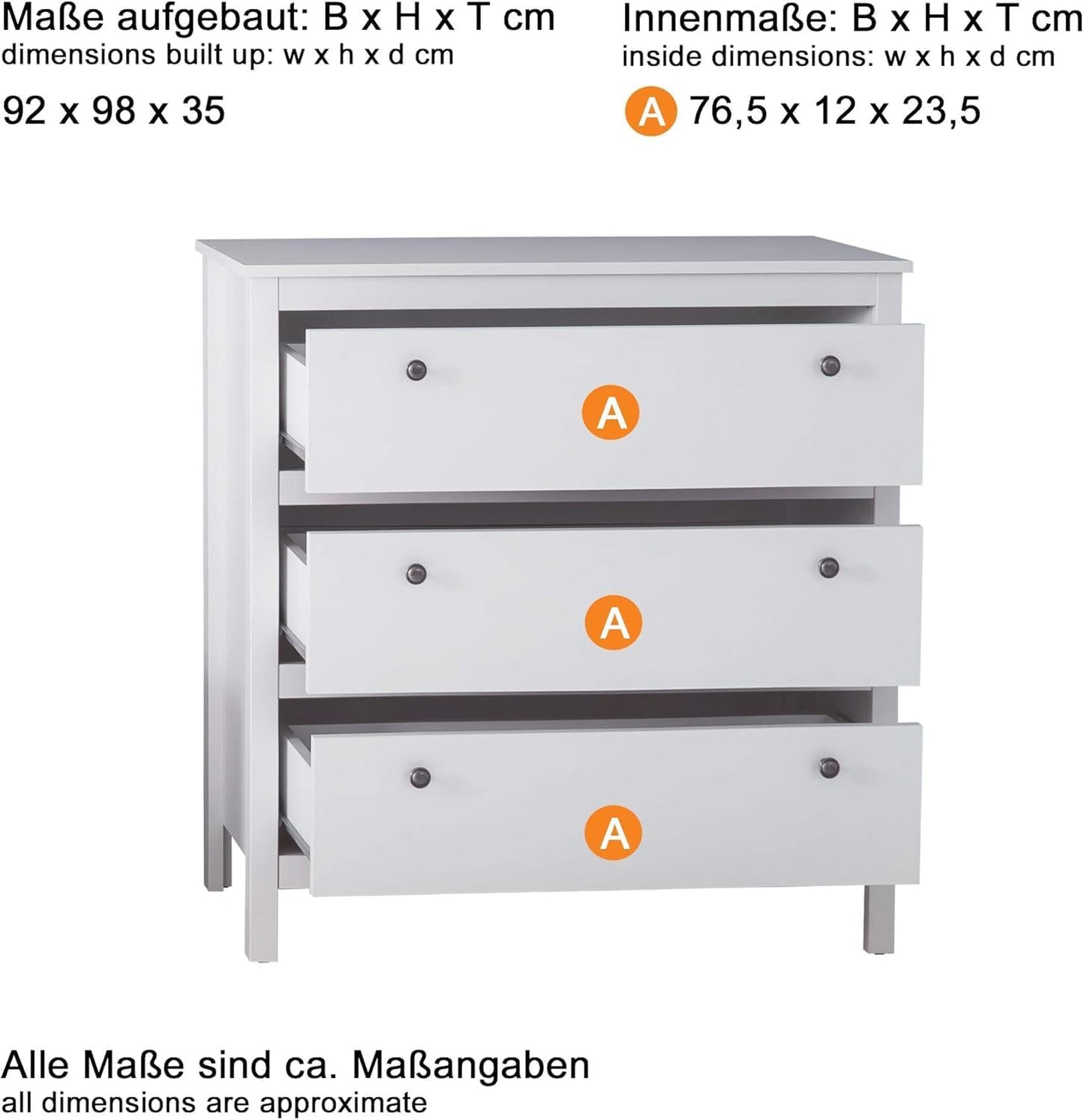 FurniFlex Wardrobe Dresser Sideboard, 92 cm x 98 cm x 110 cm Size, White