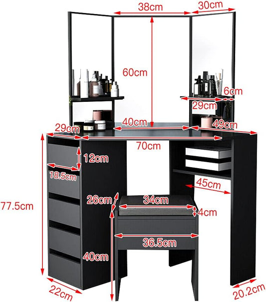 Panana Dressing Table MDF Corner Makeup Table with 3 Mirrors, 5 Drawers, 1 Compatiment and Bedroom Stool, 109 cm (L) x 55 cm (W) x 140 cm (H) (Black)