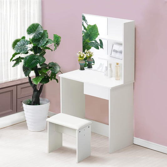 OFCASA Dressing Table with Mirror and Stool, Drawer, 2 Shelves (White, 75 x 40 x 137cm, Small)