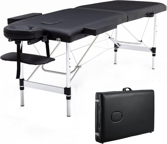 AWQM Massage Table 73 inch Massage Bed Spa Bed Aluminium Frame Height Adjustable 2 Fold Portable Facial Salon Tattoo Bed, Black