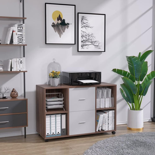 Williamspace File Cabinet for Home Office Filling Cabinets with 2 Drawer & 4 Shelves, Large Mobile Printer Stand with Storage Cabinet on Wheels (Walnut + Grey)