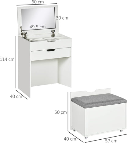 HOMCOM Dressing Table with Stool, Dressing Table Set, Cosmetic Table with Mirror and Drawers, Dressing Table with Tilt Protection, Dressing Table for Bedroom, White, 60 x 40 x 114 cm