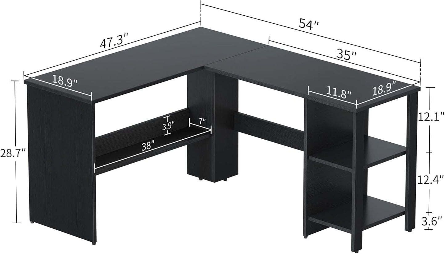 CubiCubi L Shaped Desk, 54.3 Inch Corner Computer Desk with Storage Shelves, Home Office Workstation for Study or Working, Black